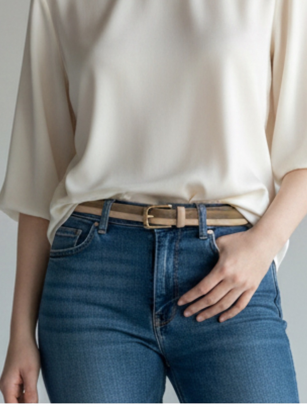 Jason Wu Slim Beige Leather Belt with Gold Buckle